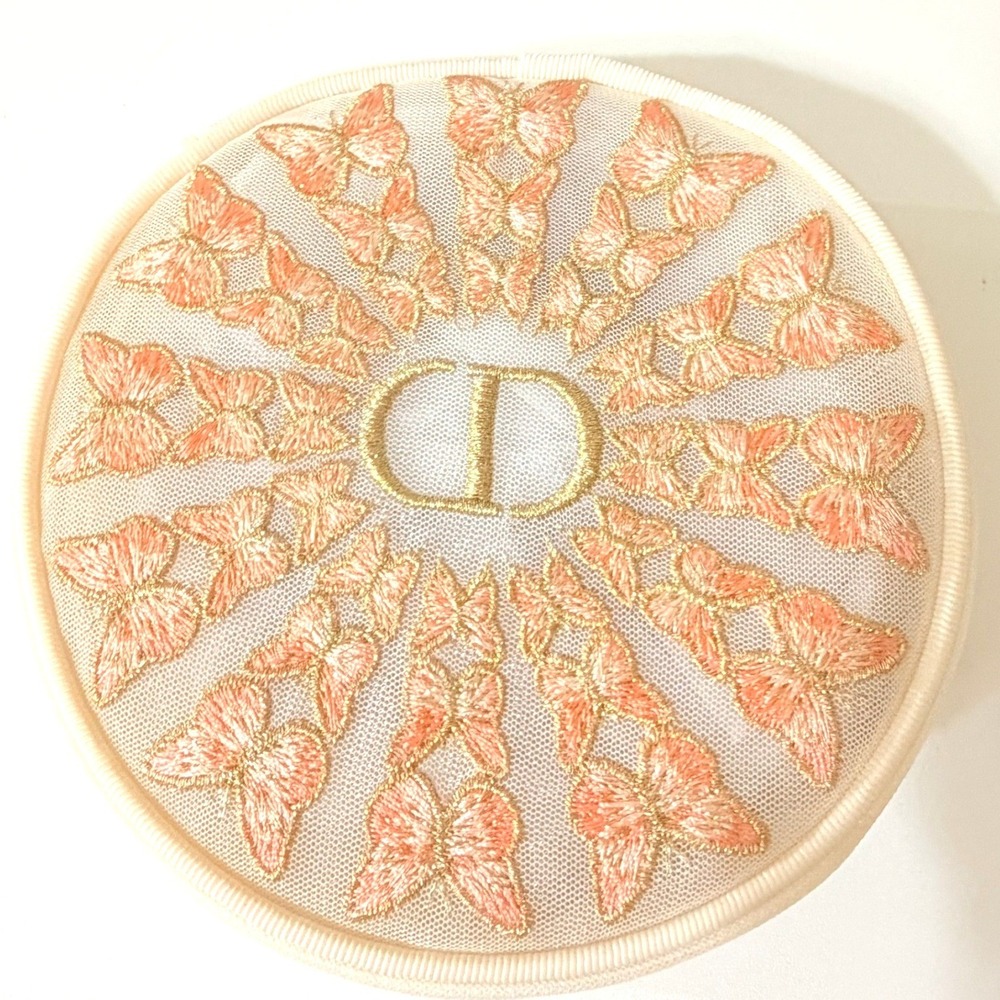 Christian Dior Embroidered Butterfly Beauty Pouch Gold Pink CD Logo Zip Mesh